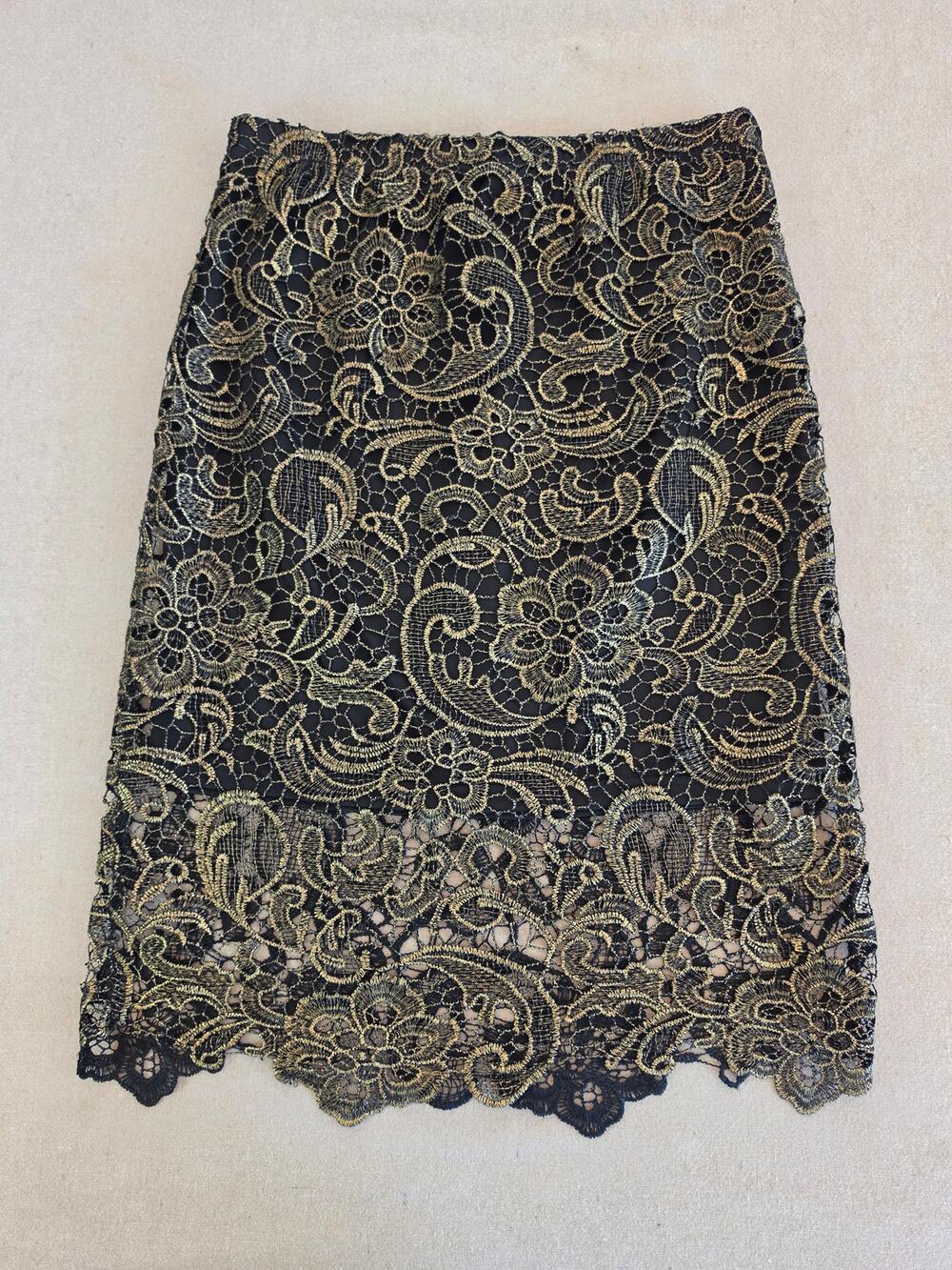 Sans Souci Black Floral Lace Pencil Skirt with Black Lining Sz Small